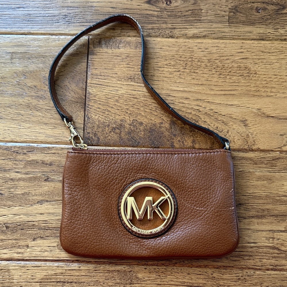 Michael Kors Tan Leather Wristlet with Gold Logo